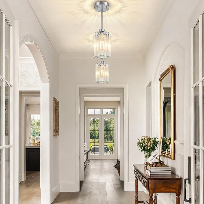 3 Pack Brushed Nickel Pendant Lights Kitchen Island, Modern Crystal Chandelier Kitchen Pendant Lighting Over Island, Adjustable Hanging Mini Light Fixtures for Dining Room Hallway Corridor Bedroom