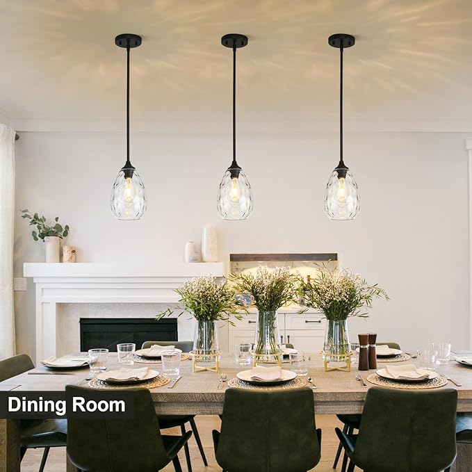 Glass Pendant Lights Kitchen Island, 6.3in Small Modern Black Pendant Light Fixtures with Hammered Clear Glass, Hanging Lighting for Kitchen Over Sink Dining Room Bedroom