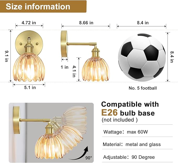 Hardwired Wall Sconces Set of Two, Vintage Wall Lights with Amber Tulip Glass Lampshade, Gold Wall Lamps for Bedroom Bedside Stairway Bathroom Living Room (Bulbs Not Included, Not Battery Powered)