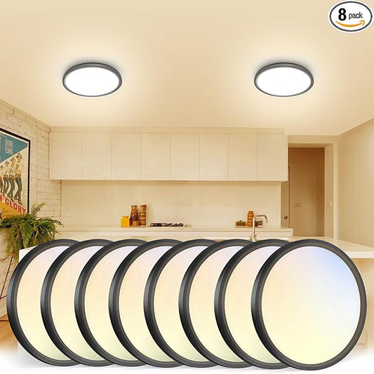 VOLISUN 8Pack 5CCT LED Flush Mount Ceiling Light, 7 inch Dimmable Ultra-Thin LED Ceiling Light Fixture, 3000K-6500K Selectable, 15W LED Ceiling Lights for Bedroom, Kitchen, Closet and Hallway (Black)