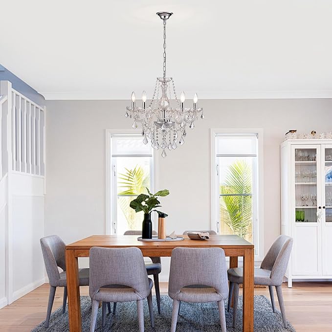 5-Light Modern Candle Crystal Glass Chandelier Pendant Ceiling Lighting Fixture for Dining Room Kitchen Hallway Living Room Bedroom Bar Closet, 23" Chrome Contemporary Elegant Lamp