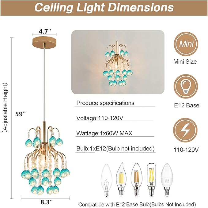 Surpars House Elegant Mini Chandelier Flush Mount Crystal Pendant Light,Golden (Blue Shade)