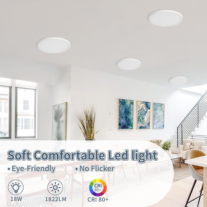 8.6 Inch 6PK LED Flush Mount Ceiling Light, ETL,18W, 1822LM, 3000K/3500K/4000K/5000K/6500K CCT Selectable, 0.66in Ultra Thin Round Flat Panel Ceiling Light Fixture for Bedroom, Kitchen (White)