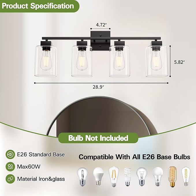 Espird 4 Light Bathroom Vanity Light - Matte Black Bathroom Light Fixtures Square Design & UL Certification, Square Light Fixture Over Mirror, Farmhouse Light Fixtures for Bathroom & Bedroom