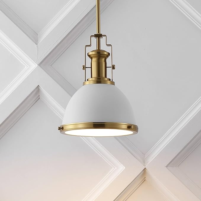 JONATHAN Y 10" Brass Gold/White Modern Industrial Iron LED Dome Pendant Light, Adjustable Hanging Fixture for Kitchen Island or Entryway, Black Metal Shade, LED Bulb Included (JYL9535D)