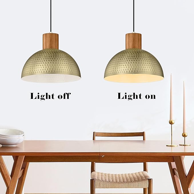 ELYONA Vintage Pendant Light Fixtures, 12” Brushed Brass Hammered Metal & Rubber Wood Industrial Dome Hanging Lamp, Antique Gold Kitchen Pendant Light for Island, Farmhouse, Sink, Dining Room, Hallway