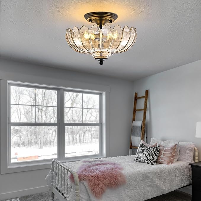 Cognac Glass Ceiling Light Fixture - Handmade Art Glass Semi Flush Mount Lighting, 3 E26 Base Vintage Chandelier with Rich Cognac Shade, Dimmable for Bedroom Kitchen Entryway