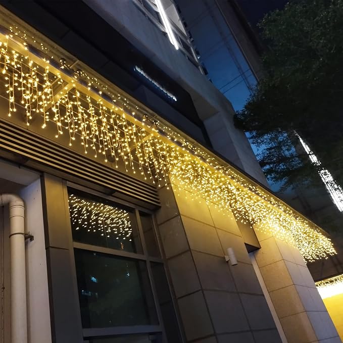 ZIMINGU Icicle Lights Outdoor, 32.8 FT 400 LED 8 Modes Christmas String Fairy Lights with 80 Drops, Twinkle Waterproof Connectable for Roof Balcony Business Park Decor, Warm White, 10M
