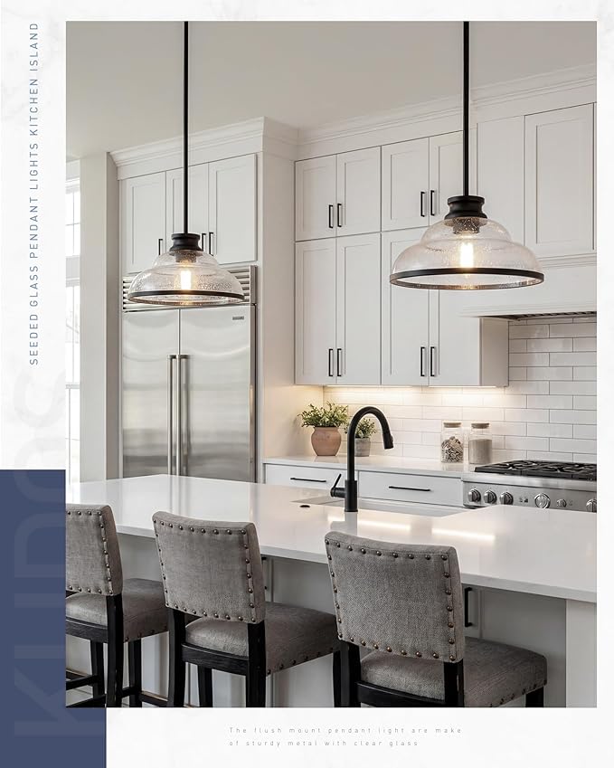 kudos Pendant Lights Kitchen Island, 11" Black Pendant Lights with Seeded Glass Shade, Farmhouse Large Pendant Light fixtures for Kitchen Sink Dining Room Hallways, KDPL14-BK