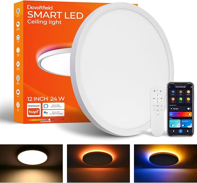 Smart LED Ceiling Light Flush Mount,12inch RGB Ceiling Light Fixture with Remote Control,Dimmable 3000K-6500K,Night Light 2000K,Memory Function,Compatible with Alexa,Google,Tuya