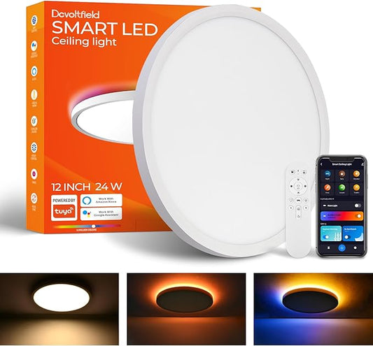 Smart LED Ceiling Light Flush Mount,12inch RGB Ceiling Light Fixture with Remote Control,Dimmable 3000K-6500K,Night Light 2000K,Memory Function,Compatible with Alexa,Google,Tuya