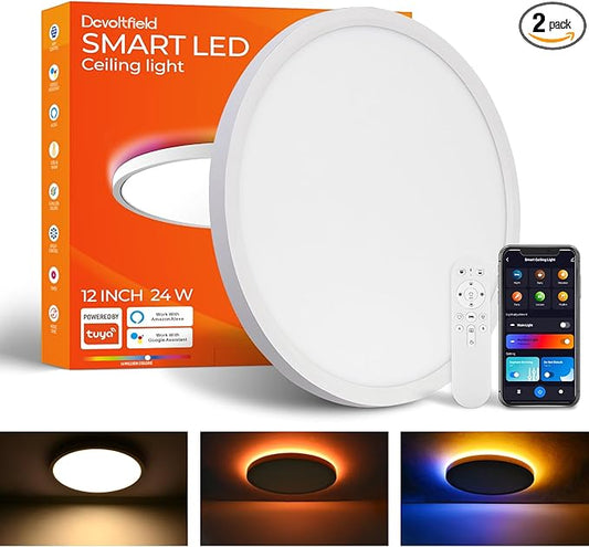 Smart LED Ceiling Light Flush Mount,12inch RGB Ceiling Light Fixture with Remote Control,Dimmable 3000K-6500K,Night Light 2000K,Memory Function,Compatible with Alexa,Google,Tuya