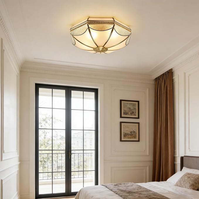 MIXL-Gold Flush Mount Ceiling Light,Antique Brass Hallway Lighitng Fixture,Unique 4-Bulbs Vintage Light Fixture,Mid Century Modern Ceiling Lamp for Study Room Office