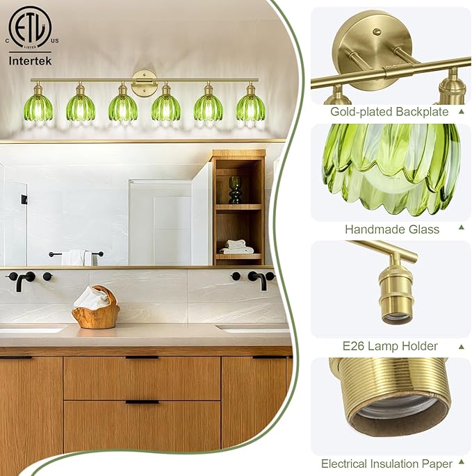 Vintage Bathroom Light Fixtures,6-Light Hardwired Vanity Lights with Green Tulip Glass Shade,Gold Bathroom Vanity Light for Mirror Restroom,E26 Socket,40.55 in(Bulbs Not Included)