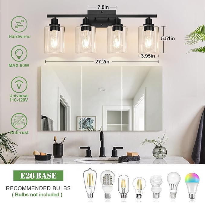 MOKATNG 4-Light Bathroom Light Fixtures, Vanity Light with Clear Glass Shades, Matte Black Bathroom Light Fixtures Over Mirror, Modern Bathroom Wall Lamp for Mirror Living Room Cabinet Bedroom