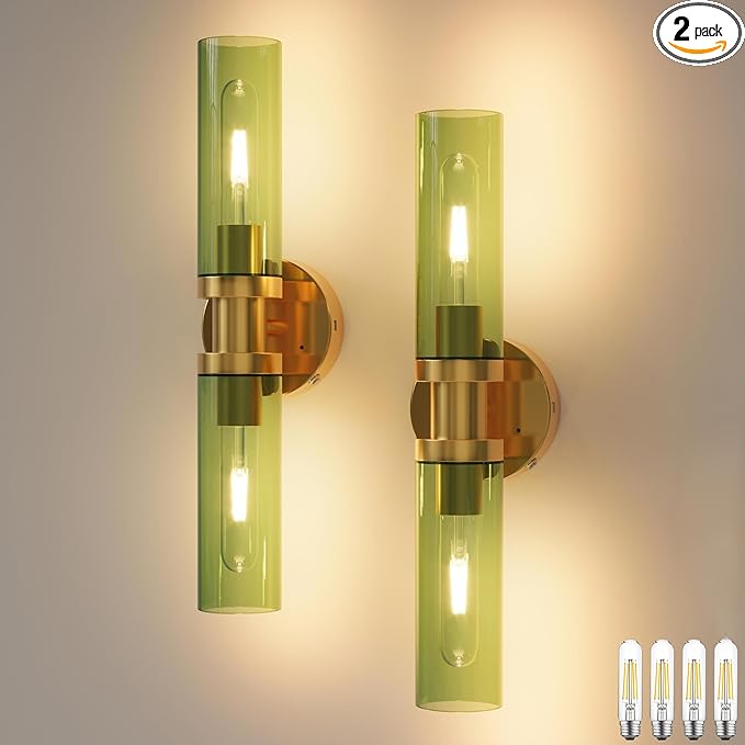Rayogale Rechargeable Battery Wall Sconce Set of Two, 10000mAh Cordless, Dimmable, Type-C Charging for Living Room, Bedroom Gold with Green Lampshade (Include 4 Special Bulbs)