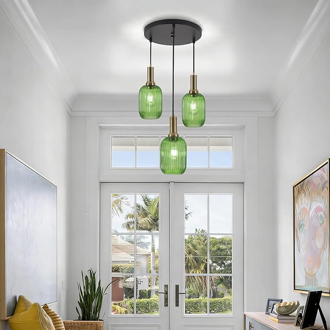 FRIXCHUR 3-Light Pendant, Mid Century Style Glass Shades with E26 Sockets, Adjustable Retro Pendant Light with Gold Accents, Ideal for Kitchen Islands and Living Rooms (Emerald)