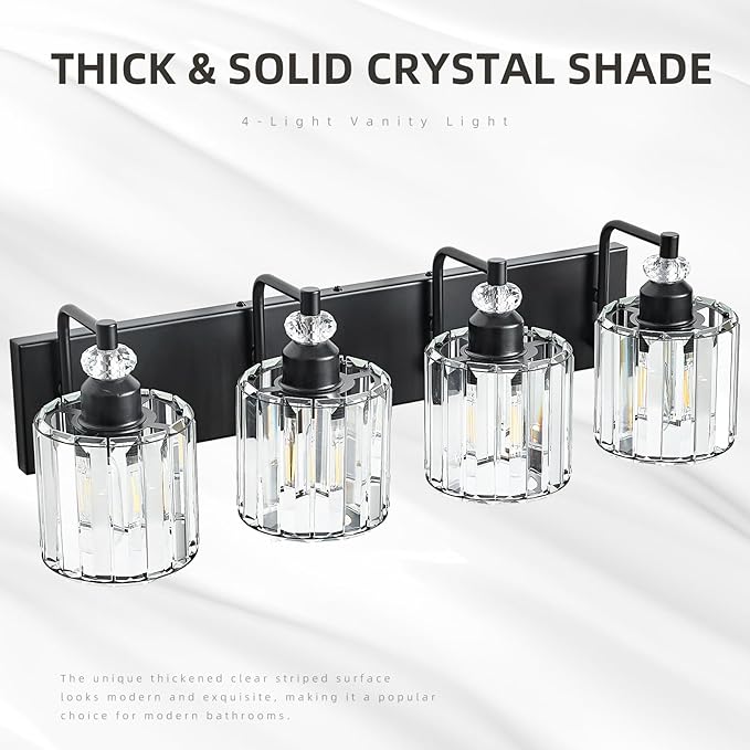 4-Light Black Bathroom Light Fixtures Over Mirror Modern Vanity Lights Crystal Wall Sconce Vintage Bathroom Lighting with Crystal Shade E26 Base for Bedroom, Living Room, Hallway