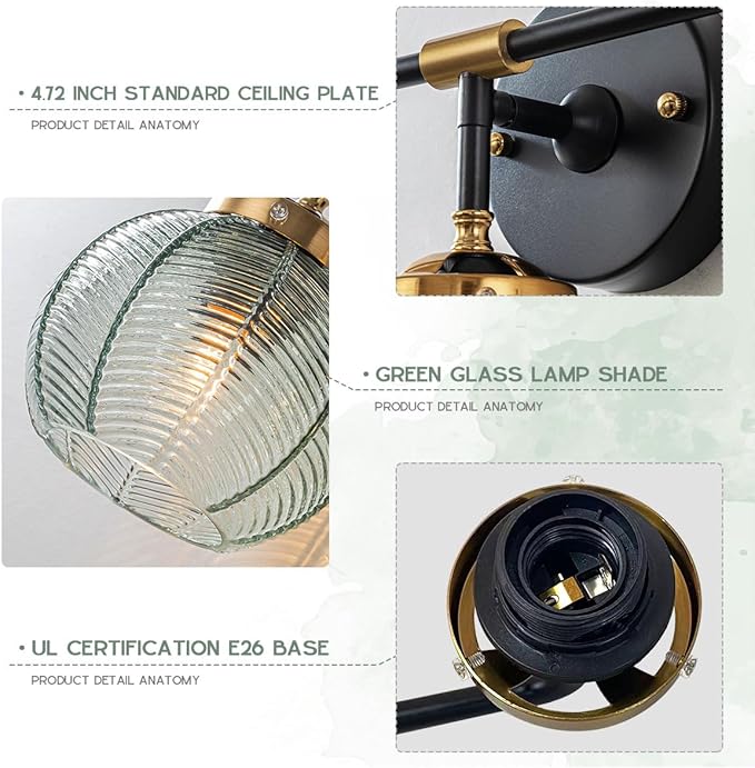 3 Light Bathroom Vanity Light Fixture, Modern Glass Globe Wall Sconce with Ribbed Green Shade, Vintage Wall Lamp for Over Mirror, Bedroom, Hallway, Living Room, 23.6x7.9 inches