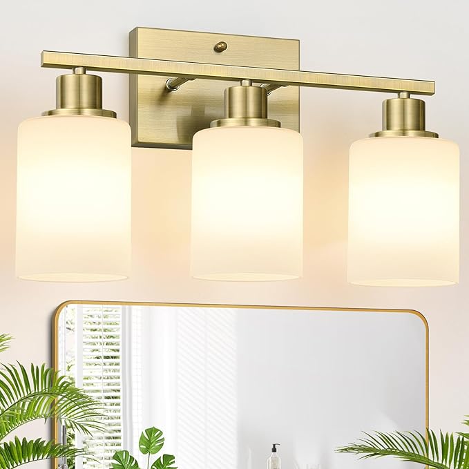 MOKATNG 3-Light Bathroom Light Fixtures, Aged Brass Vanity Light with Milky White Shades, Bathroom Lighting Fixtures Over Mirror, Modern Bathroom Wall Lamp for Mirror Living Room Cabinet Bedroom