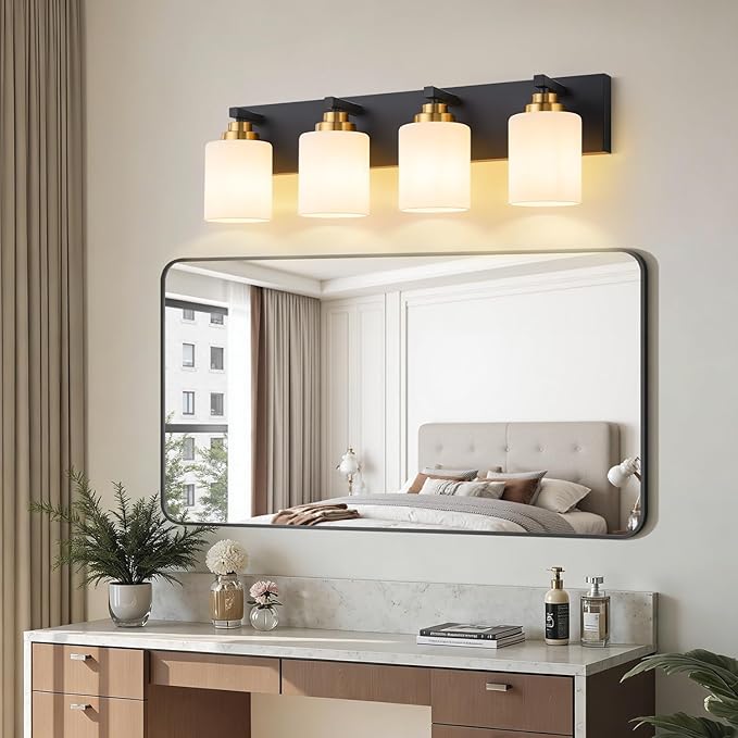 Bathroom Vanity Light Fixture, 4-Light Black and Gold Bathroom Light Fixtures Over Mirror with Milky White Glass Shades, Modern Vanity Lights for Bathroom Living Room Hallway (Bulbs Not Included)