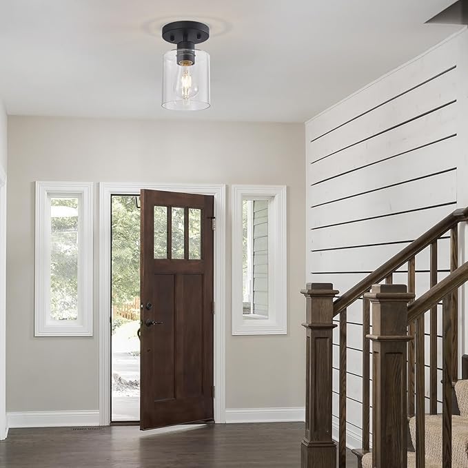 Black 1-Light Semi Flush Mount Ceiling Light, Rustic Kitchen Lighting Fixtures Ceiling, Classic Ceiling Light Fixtures, Cieling Light with Glass Shade for Hallway Foyer Farmhouse Bedroom 3 Pack