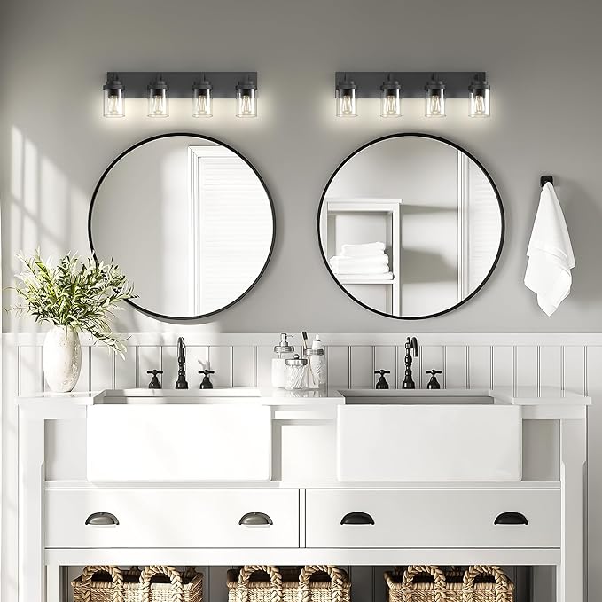 Espird Bathroom Vanity Light, 4 Light Matte Black Vanity Light with Clear Glass Shade, 30in Farmhouse Vanity Light, Bathroom Lighting Fixtures Over Mirror for Bathroom