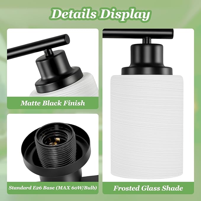 2-Light Vanity Lights, Black Bathroom Light Fixture with Striped Textured Milky White Glass Shade, Modern Vanity Lighting Fixture for Bathroom Wall Light Over Mirror, E26 Wall Sconce
