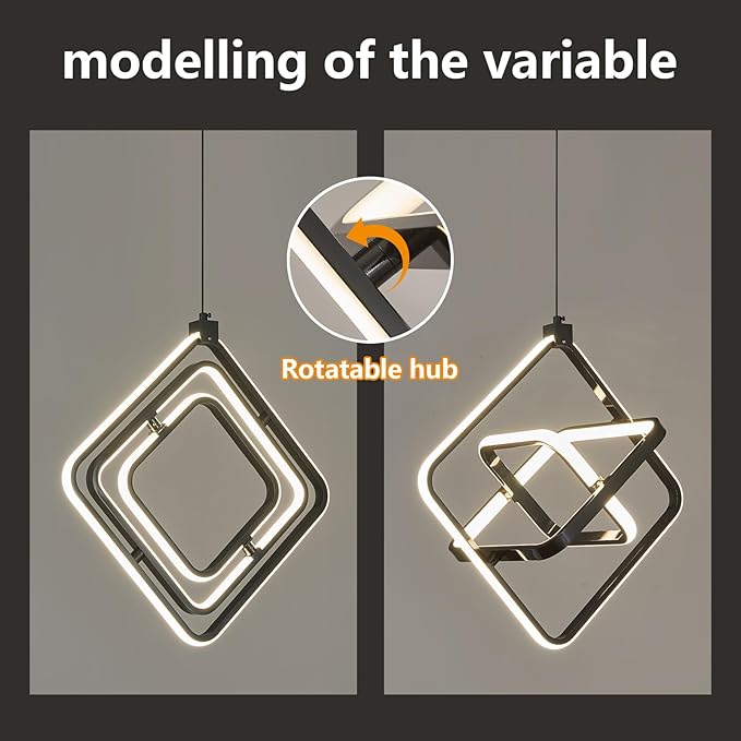 Modern LED Pendant Light Black Pendant Lights 4000K 35W Dimmable External Glow Height Adjustable Pendant Lighting Rectangle Chandelier for Kitchen Island Dining Room Bedroom Foyer（3-Ring）