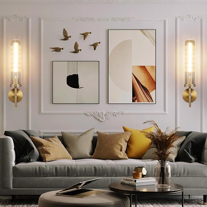 19.5" Knurled Brass Wall Sconces Set of 2, Gold Bathroom Vanity Light Fixtures with Vertical Striped Glass Tube, Modern Lamp Lighting for Bedroom, Living Room, Hallway, Staircase, Mirror, Kitchen