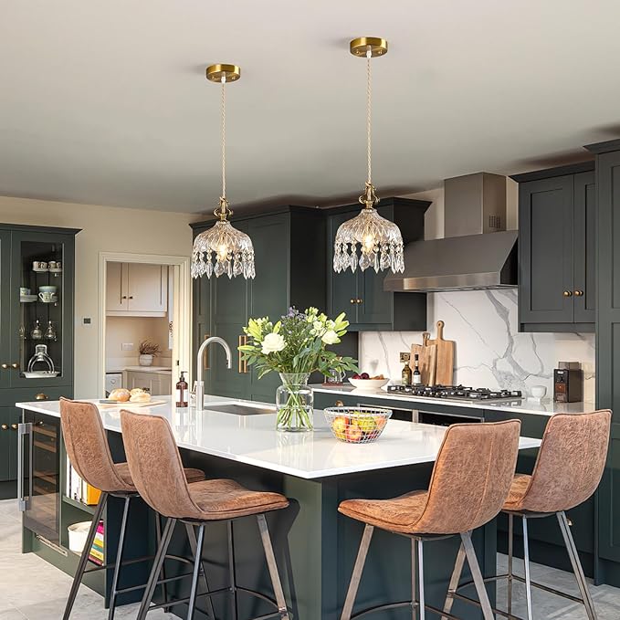 Brass Vintage Glass Pendant Light Crystal Hanging Light Fixtures,Adjustable Height Single Head Pendant Lights for Dining Room Living Room Bedroom Hallway(1-Pack)