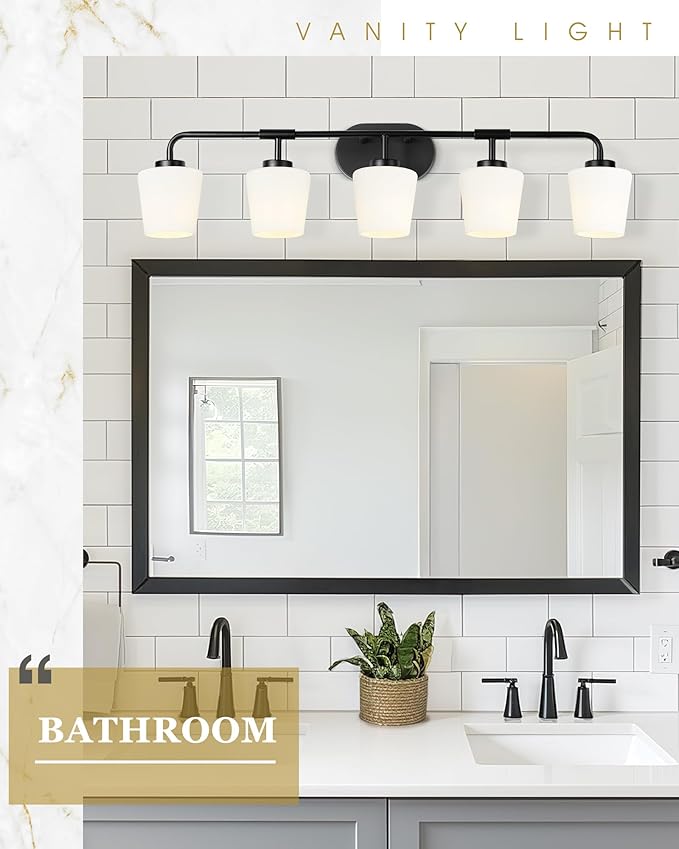 Bathroom Light Fixtures Over Mirror, 5-Light Matte Black Vanity Lighting Fixtures with Milk White Glass, 38inch Farmhouse Wall Sconces Lighting, AD-22004-5W-BK