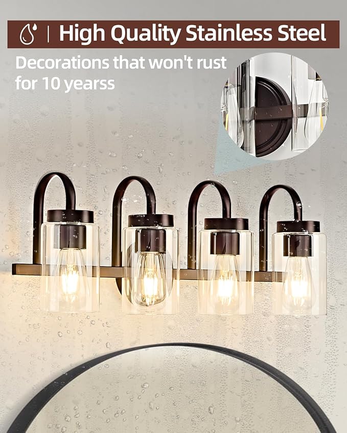 4 Light Bathroom Vanity Light, Black Coffee Vanity Lights for Bathroom, Modern Light Fixtures Over Mirror with Clear Glass Shade, Wall Sconce Lighting for Bedroom