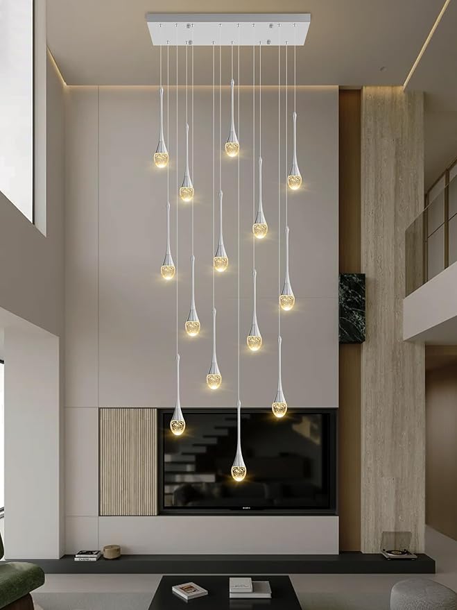 ykolupty Modern Rectangular Chandelier,14 Lights Silver Raindrop Chandelier Lighting,Industrial Linear Pendant Ceiling Light Fixture for Dining Living Room Kitchen Island