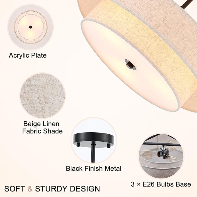Semi Flush Mount Ceiling Light, 18" Black Drum Ceiling Light Fixture, 3-Light with 2-Tier Beige Linen Fabric Shade, Modern Farmhouse Close to Ceiling Light for Bedroom, Kitchen, Entryway