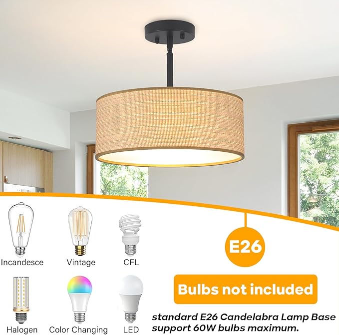Rattan Sloped Ceiling Light Fixture, 13" Woven Boho Semi Flush Mount Lights with Drum Fabric Shade, Lighting for Bedroom, Dining Room, Living Room, Hallway, Entryway