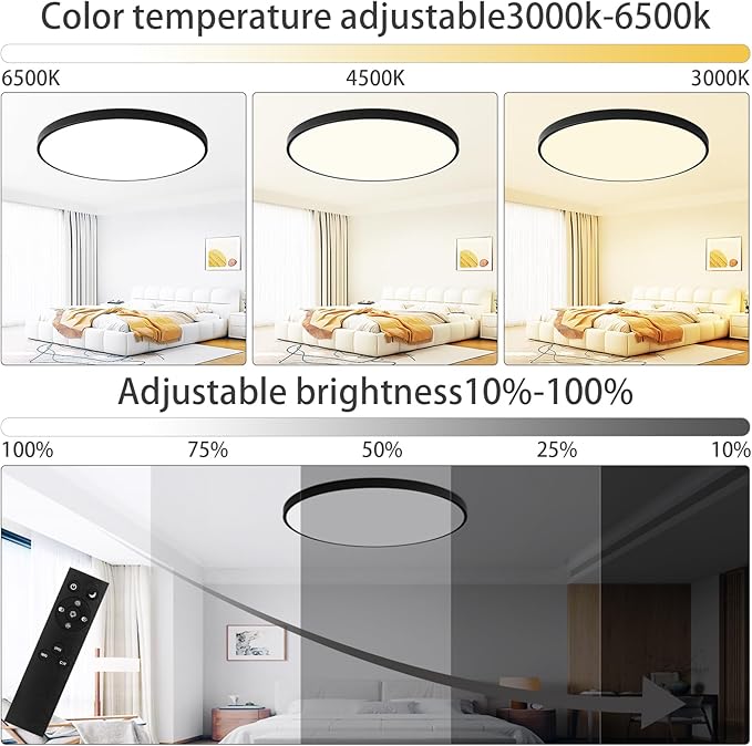 24 Inch Flush Mount Ceiling Light Fixture, Dimmable with Remote, 3000K-6500K Adjustable Color, 48W 4800Lm Ultra Thin Modern Round LED Ceiling Light, Black for Bedroom, Kitchen, Living Room