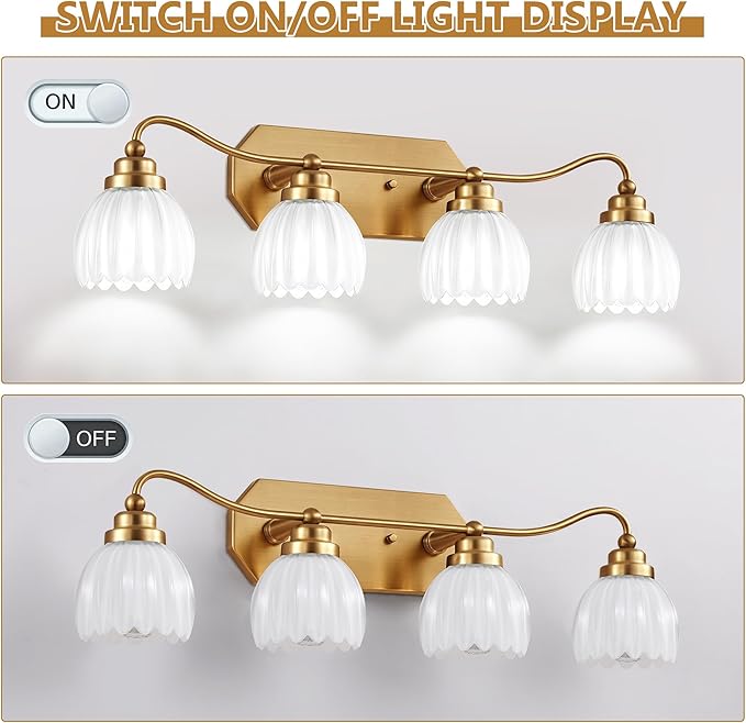 Vintage Bathroom Light Fixtures, Gold Bathroom Vanity Light, Matte Antique Brass Finish with Crystal Glass Shade, Wall Sconces Lighting for Bedroom, Living Room, Hallway (Milk White, 4-Light)