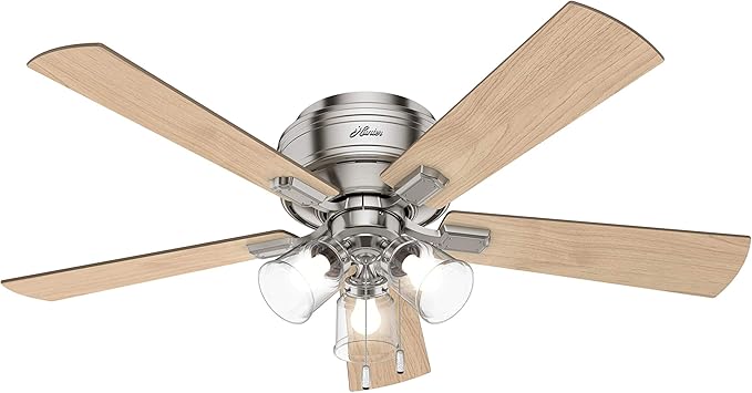 Hunter 52 inch Indoor Ceiling Fan with LED Lights and Pull Chain - Low Profile Mount Ceiling Fan, 5 Blades, For Bedroom, Living Room, or Kitchen, Quiet - Crestfield 54209, Brushed Nickel