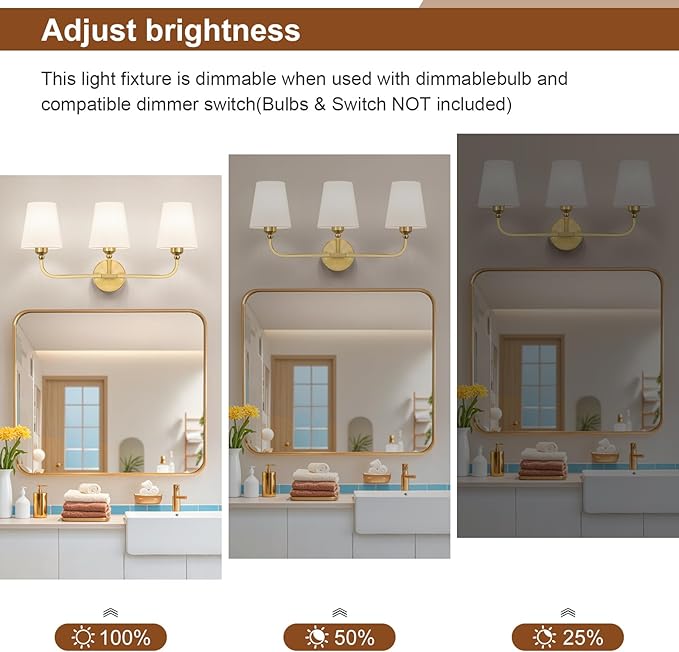 Bathroom Vanity Light, Brushed Gold Bathroom Light Fixtures, 3-Light Lighting Fixtures Over Mirror, Modern Wall Sconce with Flared White Fabric Shade, E26 Socket(ETL Listed)
