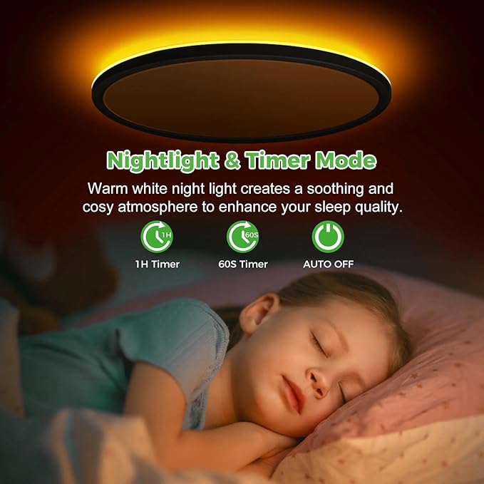 zemty 19 Inch LED Ceiling Lights with Night Light 1800K, 36W 3600lm Light Fixtures with Remote Control, 3000K-6500K Adjustable, Dimmable Low Profile Ceiling Lamp for Bedroom Dining Room Kitchen-Black