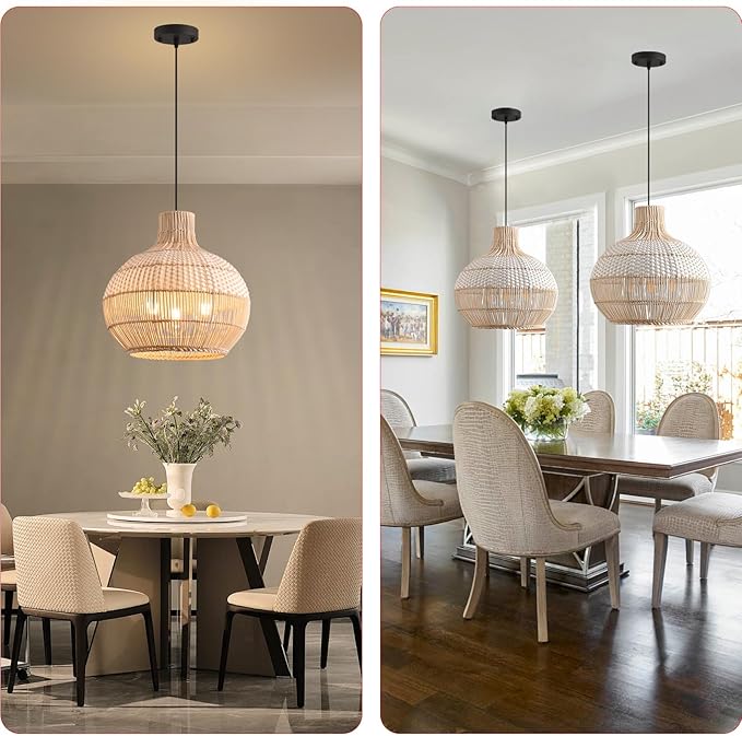 3-Light Rattan Pendant Light Fixture, 15" Hand-Woven White Wicker Basket Chandelier Boho Faux Rattan Hanging Lamp,for Dining Living Bedroom Kitchen