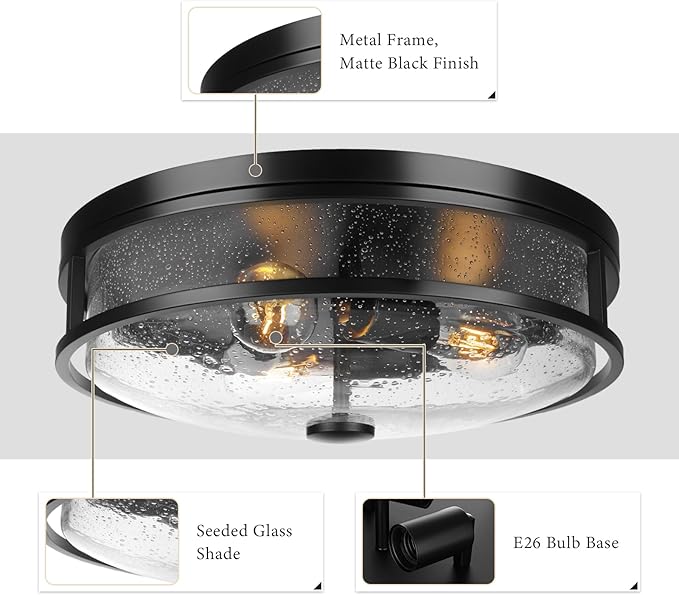 16 Inch Large Flush Mount Ceiling Light Fixture with Seeded Glass, Black Round Ceiling Lamp Shade, Modern Farmhouse Indoor Outdoor Ceiling Lighting for Kitchen Dining Living Room Foyer