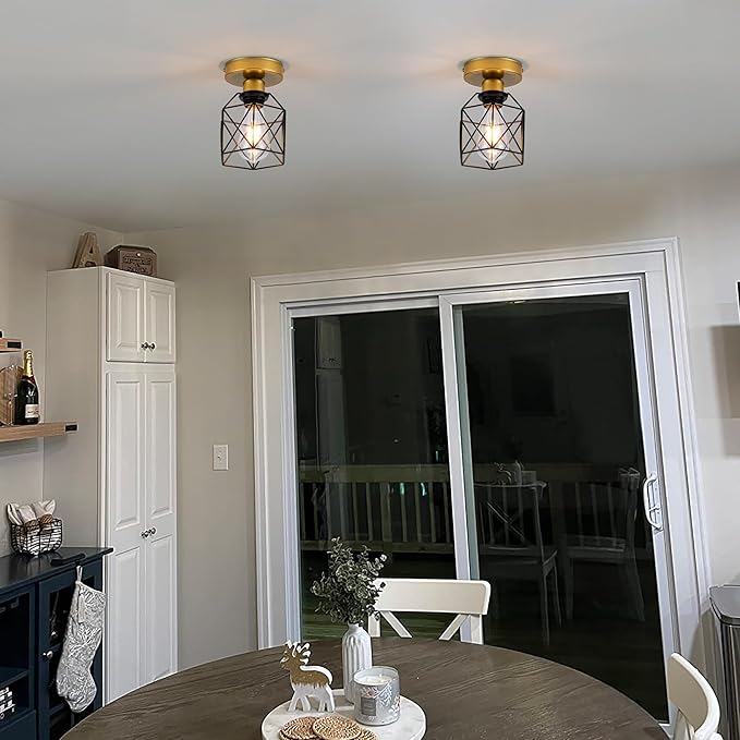 Industrial Ceiling Light, Gold and Black, Metal Cage Shade, Semi-Flush Mount, Geometric Design Caged, Mini