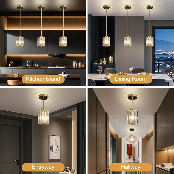 3 Pack Crystal Pendant Lights Kitchen Island, Adjustable Hight Modern Gold Mini Chandelier, Ceiling Hanging Light Fixtures, Lamparas Colgantes for Kitchen Hallway Dining Room Bedroom