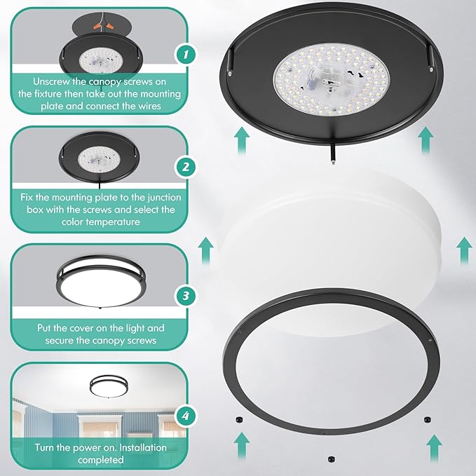 LED Ceiling Light Fixture Black, 36W 4400Lm Flush Mount Ceiling Lamps, Dimmable 5CCT 2700K/3000K/4000K/5000K/6500K, 13 Inch Super Bright Modern Bedroom Ceiling Lights for Kitchen Hallway, 1 Pack