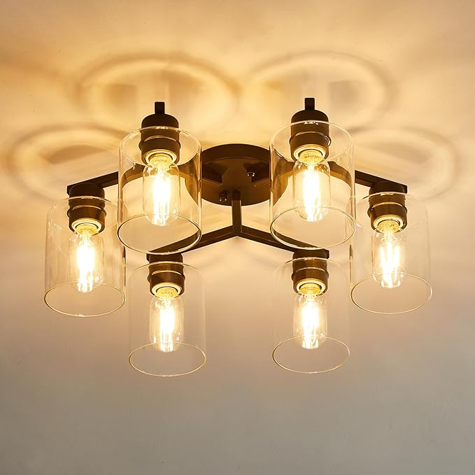 YYT 6-Light Semi Flush Mount Ceiling Light Fixture, Black Light Fixtures for Dining Room Ceiling, Large Kitchen Lighting Fixtures Ceiling for Living Room with Clear Glass Shade