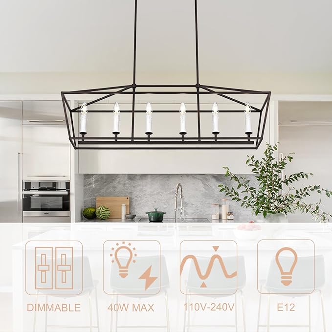 6-Light Kitchen Island Pendant Lighting Fixture, Farmhouse Linear Chandelier for Dining Room Over Table, Oil Rubbed Bronze & E12 Bulb Base