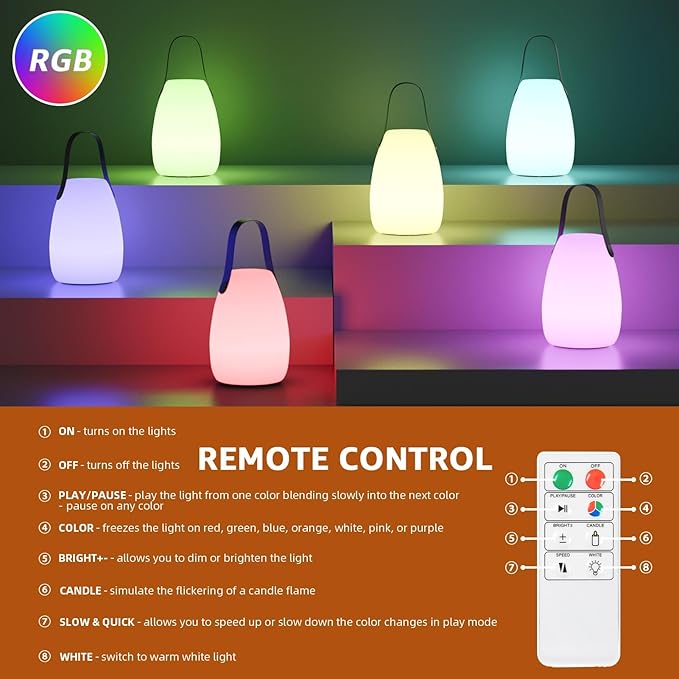uuffoo 2 Pack Rechargeable Portable Table Lamp, Cordless RGB Lantern with Remote, Decorative LED Night Light, IP44 Waterproof Indoor Outdoor Lamp for Bedroom Patio Garden Wedding Party