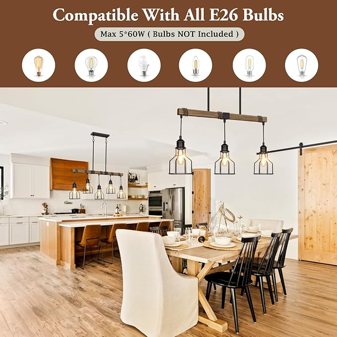 5-Light Dining Room Light Fixture, 63" Adjustable Height Pendant Lights Kitchen Island Black Metal & Rustic Wood Modern Linear Ceiling Chandeliers Over Table with E26 Base for Farmhouse Bar